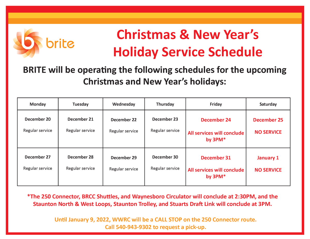 BRITEbus's tweet photo. Make sure you know our holiday schedule coming up! Services will conclude by 3PM on Christmas Eve and New Year's Eve, and there will be no service on Christmas Day and New Year's Day. #britebus #HappyHolidays https://t.co/xTtAHMHue2