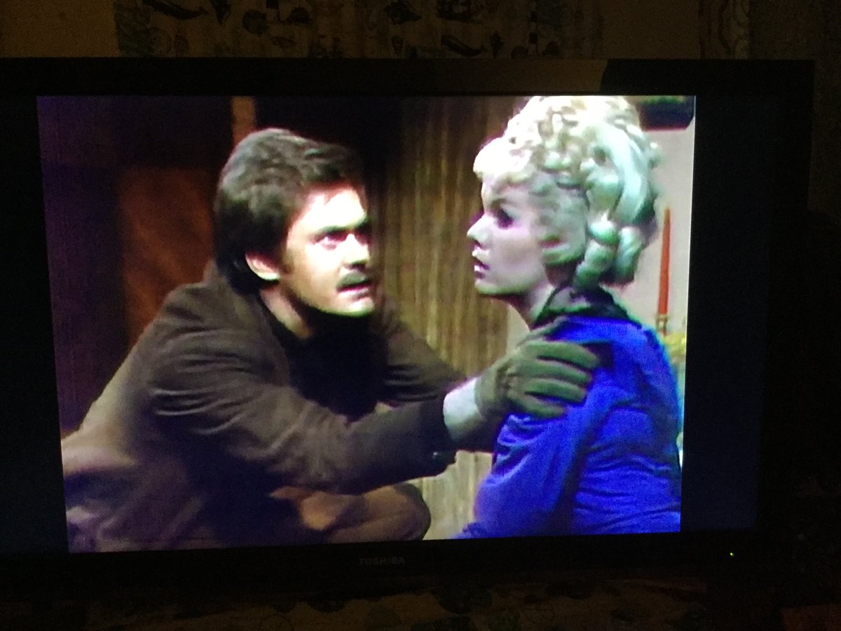 lynn_valepixi's tweet photo. Something strange is going on with Laura Collins in 1897 D.S.  Is Laura not practiced enough at hiding sacred objects that keep her alive?  Shouldn't Dirk take off his gloves first before he gets dust, horse hair, and/or crumbs all over her gown?    #DarkShadows https://t.co/1Jq7lDBWvY