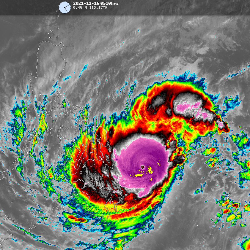 Weather_Manila's tweet photo. TY #OdettePH intensified to max winds of 150kph this morning, and the extremely cold overshooting cloud tops (yellow) suggests even further intensification in the next 8 hours before it makes landfall in the Caraga region. https://t.co/7fSVotOw4p