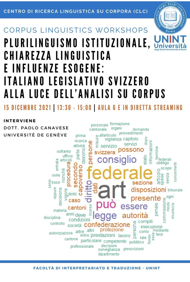 Oggi ho avuto il piacere di presentare le mie ricerche sull’italiano normativo svizzero in occasione di un seminario del Centro di ricerca Linguistica su #Corpora (CLC) dell’#UNINT. Grazie a Laura Mori dell’invito e alle partecipanti e ai partecipanti per le stimolanti domande!