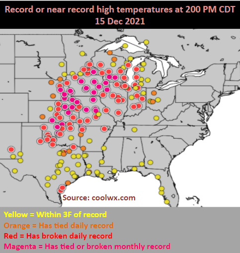 rgrahamwx's tweet photo. A large number of all-time high temperatures for the month of December are being broke toady as of 200 PM CT. #kswx #mowx #newx #iawx #mnwx #wiwx https://t.co/wQbdCDf2Sn