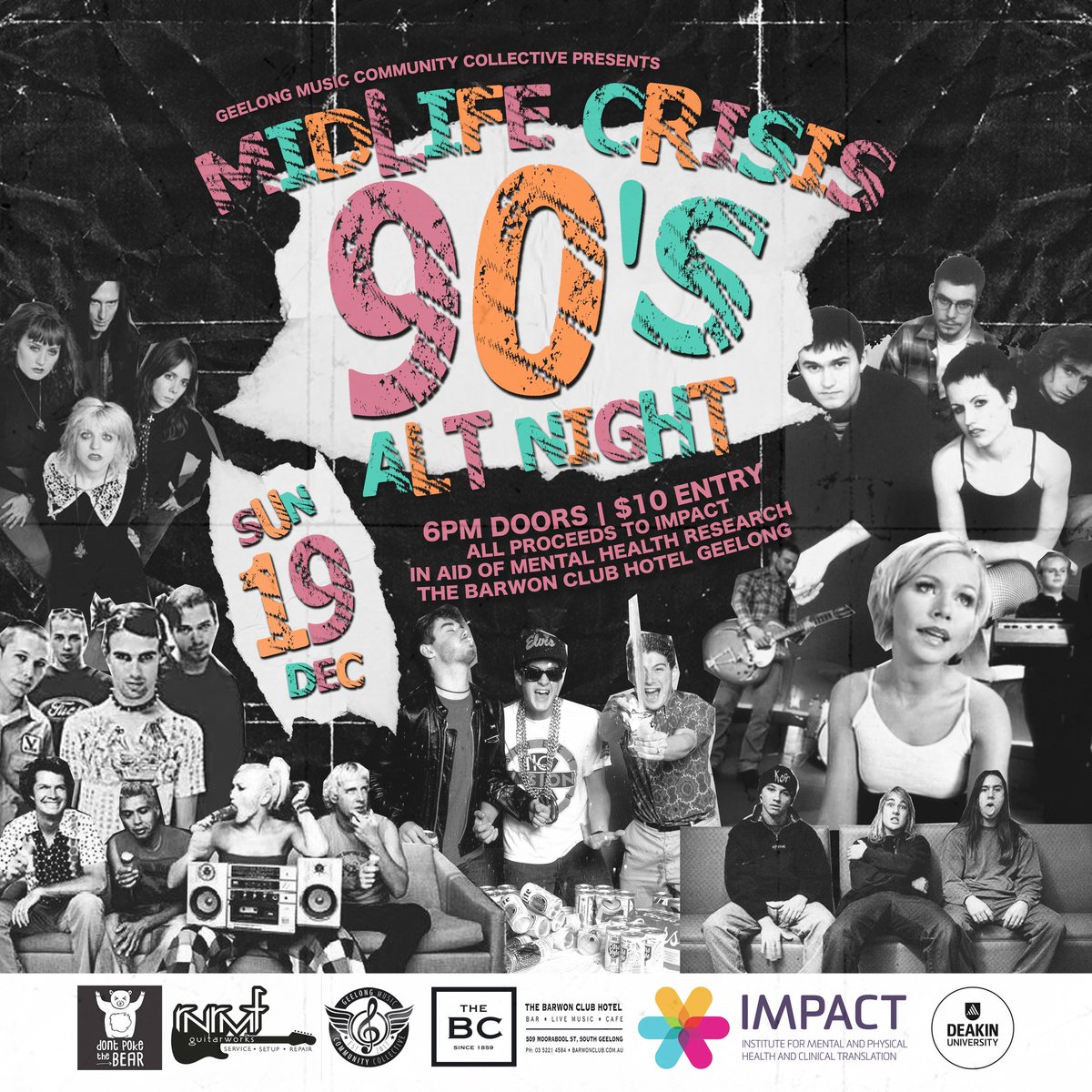 IMPACTDeakin's tweet photo. The #Geelong Music Community Collective presents 'Midlife Crisis' 90s Alt Night at The Barwon Club on Sunday 🎤 All proceeds go to IMPACT, helping the next generation of researchers tackle mental health treatment. More here - https://t.co/x3qRtokYRl https://t.co/9OHx6dM17v