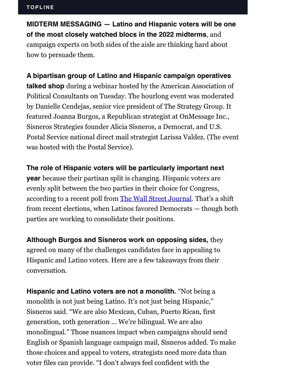 dccendejas's tweet photo. Our @TheAAPC &amp; @USPS panel on Hispanic/Latino voters made @politico Morning Score! Read more about the great insights shared by @ACTSisneros @JoannaRBurgos &amp; Larissa Valdez. #latinas #politics #latinovote https://t.co/Y8jAITC0yb