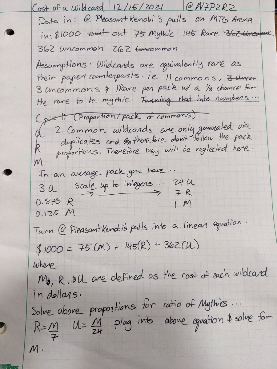 N7P2R2's tweet photo. @TolarianCollege If my math is correct, then it looks like $9.03/Mythic, $1.29/Rare, and $0.38/Uncommon.

Neglected commons because they don't generate the same way and assumed that wildcards show up in the 11/3/(7/8)/(1/8) proportion that paper cards do. You could adjust the ratios for accuracy. https://t.co/xHCiL8QieJ
