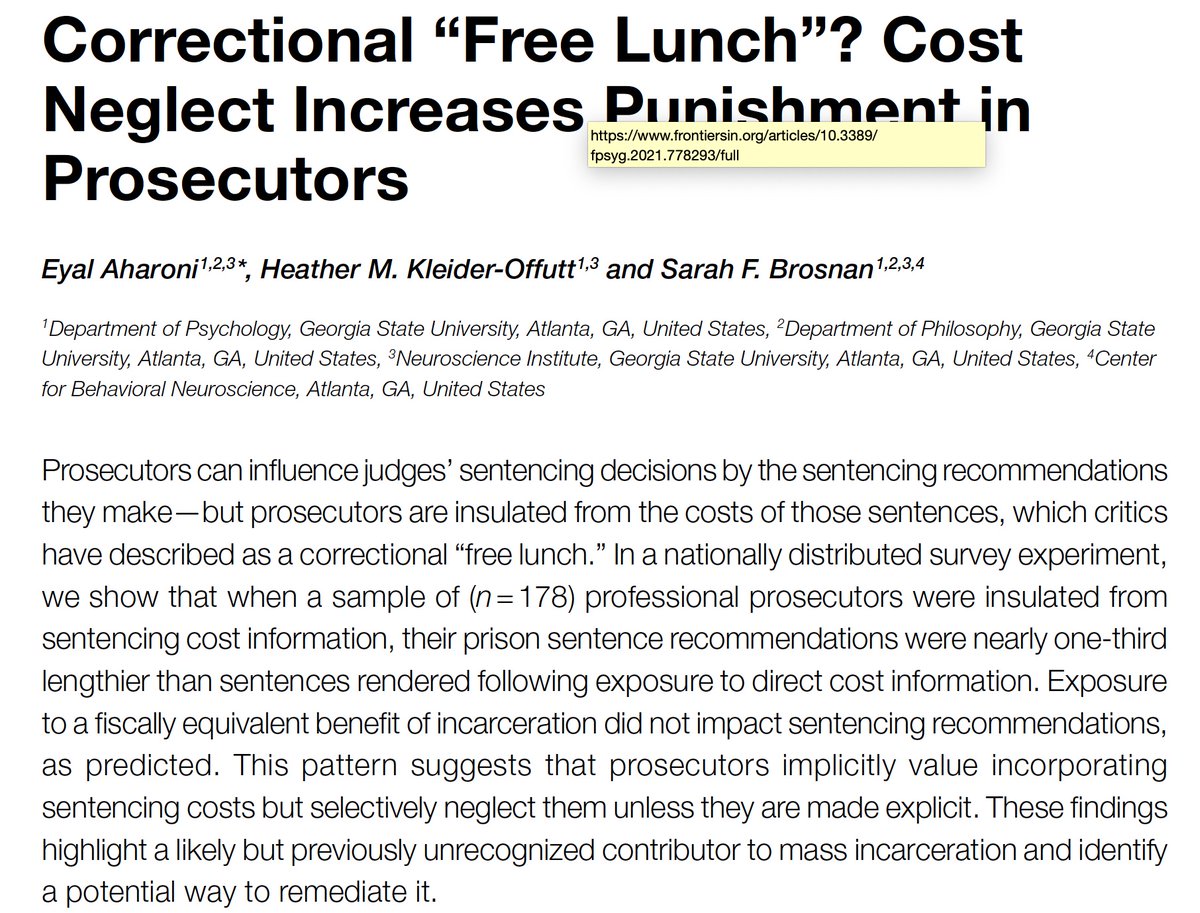 Cost &amp; punishment: "...when prosecutors lack information about sentencing costs or incentives to consider them, they will pursue harsher sentencing strategies." New <a href="/FrontPsychol/">Frontiers - Psychology</a> paper from @scilaw Board Member, Dr. Eyal Aharoni bit.ly/3m3kbxZ
