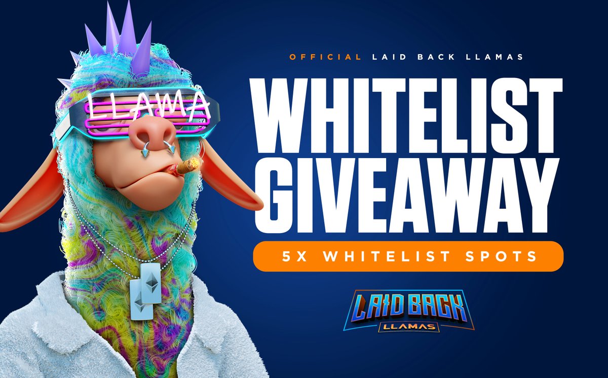 Laid Back Llamas Giveaway! 💎

We’re giving away 5 WHITELISTS!

To enter: 
1️⃣ Like and Retweet
2️⃣ Follow us <a href="/LaidBackLlamas/">Laid Back Llamas</a> 
3️⃣ Join Discord discord.gg/laidbackllamas
4️⃣ Tag 2 frens on this post 

⏰ 48hrs - Good luck! #LBL #NFT