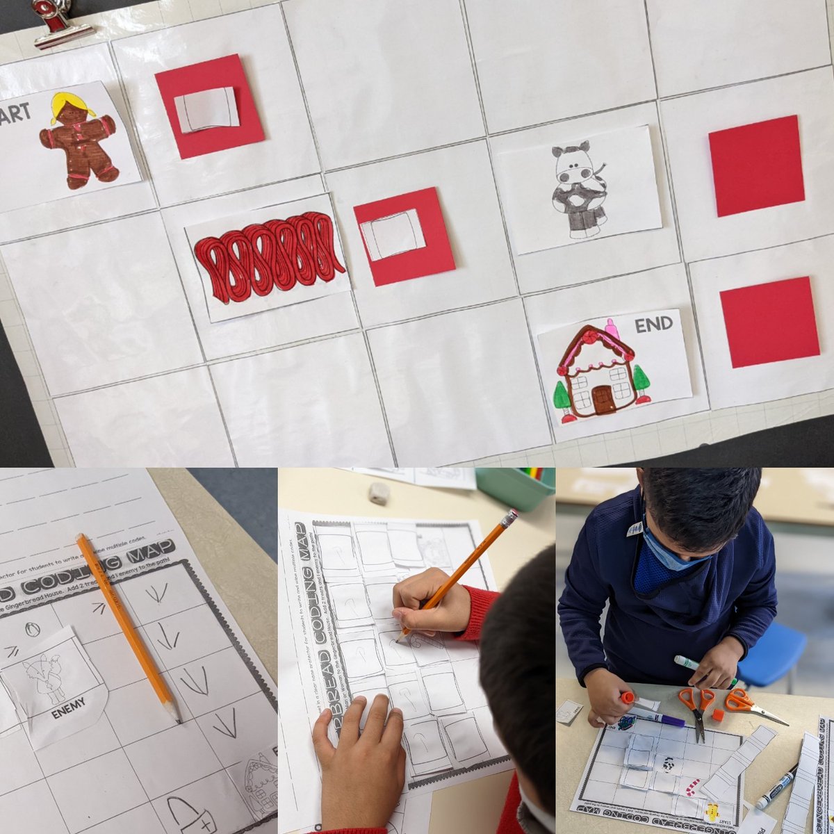 Grade 1s engaged in an unplugged coding activity.We looked at creating a path for the gingerbread to follow and added candy and obstacles to differentiate our code. We plan to look at different cookies/treats we eat within our own homes to create our own stories.