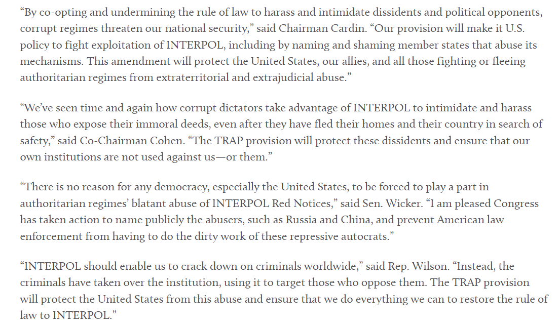.@HelsinkiComm leaders @SenatorCardin, @RepCohen, @SenatorWicker, & @RepJoeWilson  welcome passage of the Transnational Repression Accountability and Prevention (TRAP) provision to counter abuse of #INTERPOL as part of #FY22NDAA. https://t.co/E8vY1ELqUx https://t.co/aS9nWXPBhU