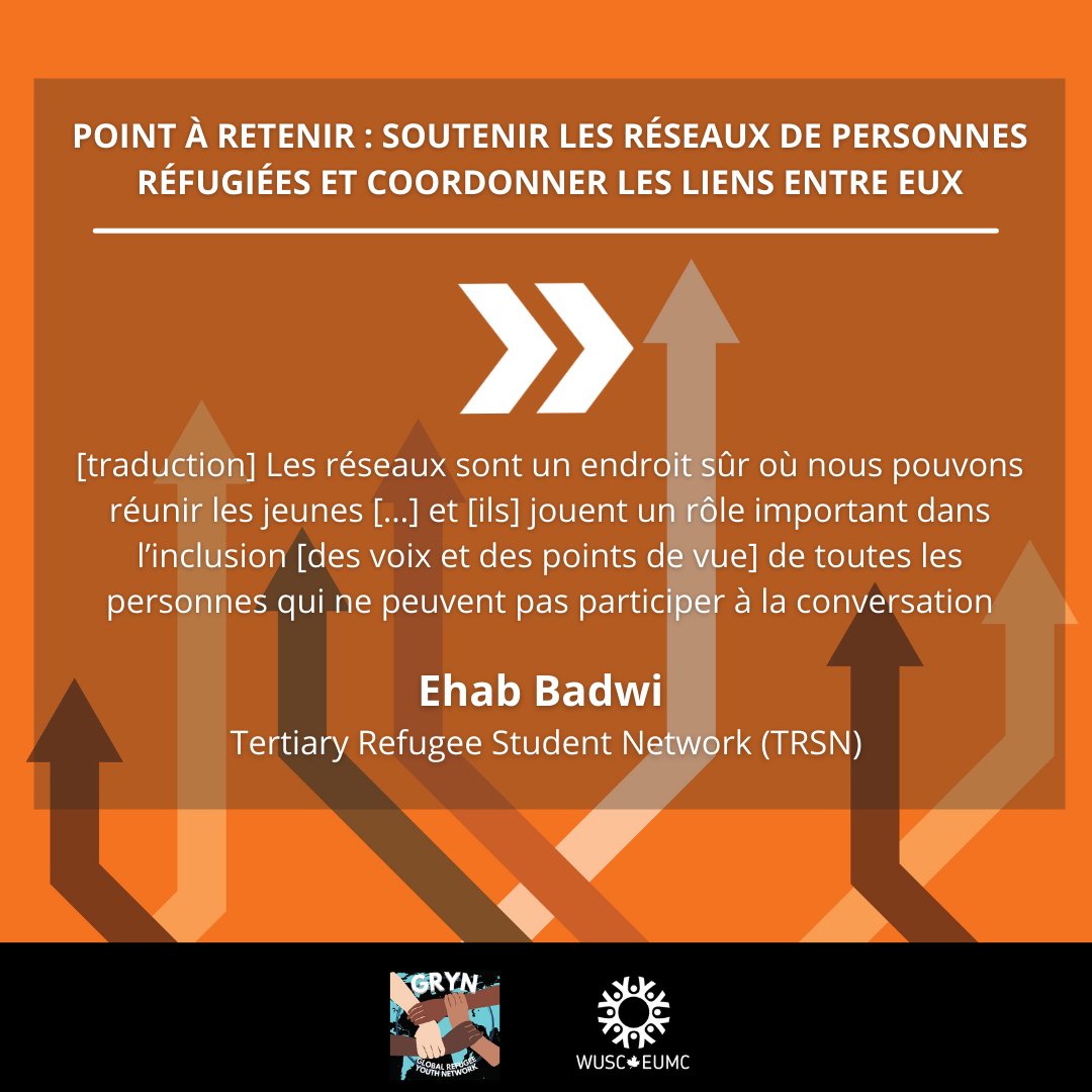 WUSC - EUMC (@worlduniservice) on Twitter photo Créer des occasions pour les leaders réfugiés d'échanger sur leur expérience; voilà une action concrète que les alliés devraient mener pour promouvoir le #LeadershipDesRéfugiés. Restez à l'affût des points à retenir du rapport. #DéfinirLAvenir <a href="/Badwiehab/">Ehab Badwi</a> bit.ly/3oW8BGE Créer des occasions pour les leaders réfugiés d'échanger sur leur expérience; voilà une action concrète que les alliés devraient mener pour promouvoir le #LeadershipDesRéfugiés. Restez à l'affût des points à retenir du rapport. #DéfinirLAvenir <a href="/Badwiehab/">Ehab Badwi</a> bit.ly/3oW8BGE