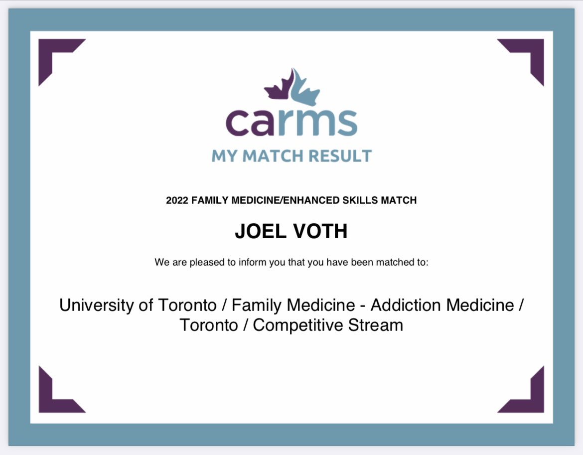 joelvoth1's tweet photo. Look who never has to go through CaRMS again! #matchday #addictionsmedicine https://t.co/SqwrxKN358
