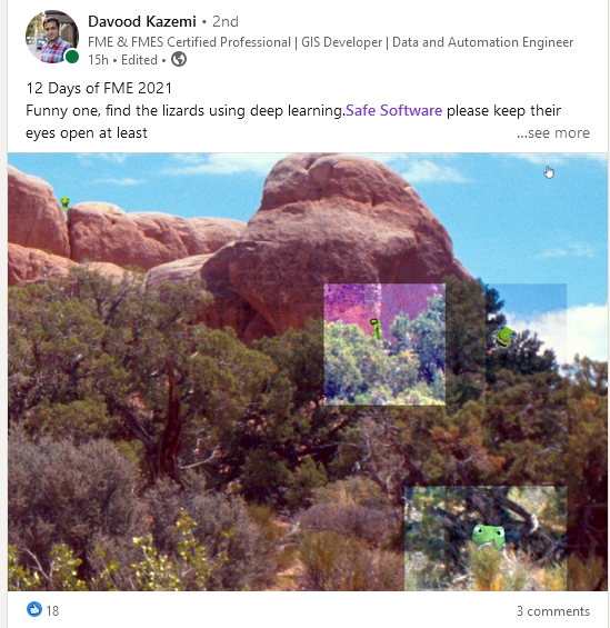 FMEEvangelist's tweet photo. Fantastic. I found someone on LinkedIn who did the Count the Lizards puzzle using Machine Learning! They got the answer spot-on too!
#12DaysOfFME #FMECommunity https://t.co/O6lUnlBnWM