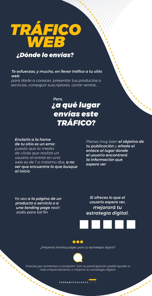 ffernandez_es's tweet photo. Te esfuerzas en llevar tráfico a tu web, pero ¿lo haces correctamente?
Enviar siempre todo el tráfico a la home de tu sitio es un error.
Piensa en mejorar la experiencia de usuario y ofrece aquello que esperan ver al seguir tu enlace.

#enlaces #trafico #visitasweb #marketingd https://t.co/EfpJD4fvdr
