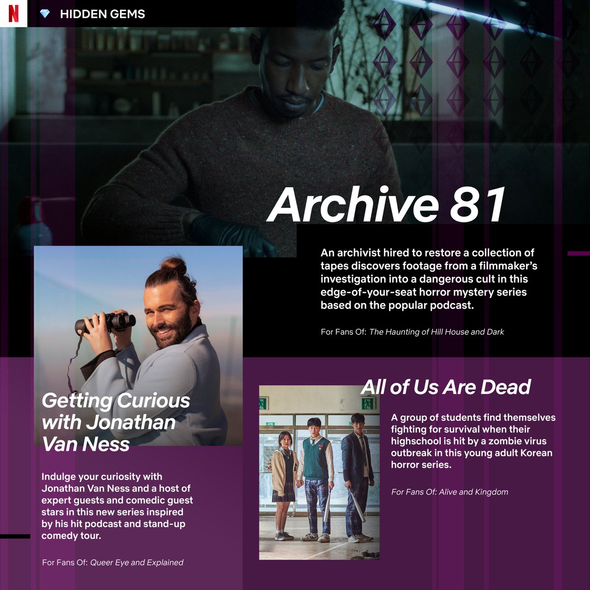 NetflixANZ's tweet photo. There are plenty of hidden gems such as horror mystery series #Archive81, and high-school zombie thriller #AllOfUsAreDead. Looking for something less spooky? How about #GettingCuriousWithJonathanVanNess instead. https://t.co/cbNutXF0JX