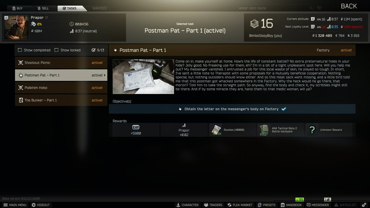 DanSwanking's tweet photo. @bstategames #escapefromtarkov im reporting a bug with the postman pat task, it wont let me complete the task, it shows completed on therapist as well. https://t.co/RTnpXYokyV