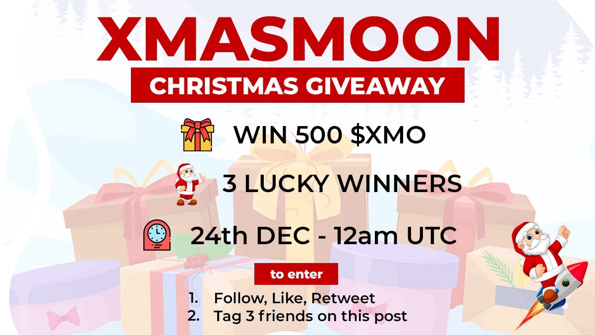 xmasmoontoken's tweet photo. ALL I WANT FOR CHRISTMAS IS XMASMOON🎅🏼🚀🎁 

The first of many #giveways have started!

Follow: @xmasmoontoken 
Like, Reetweet this tweet and Tag 3 Friends $XMO

Presale: https://t.co/Wd9FbWdZmo https://t.co/nmGinEqDo8