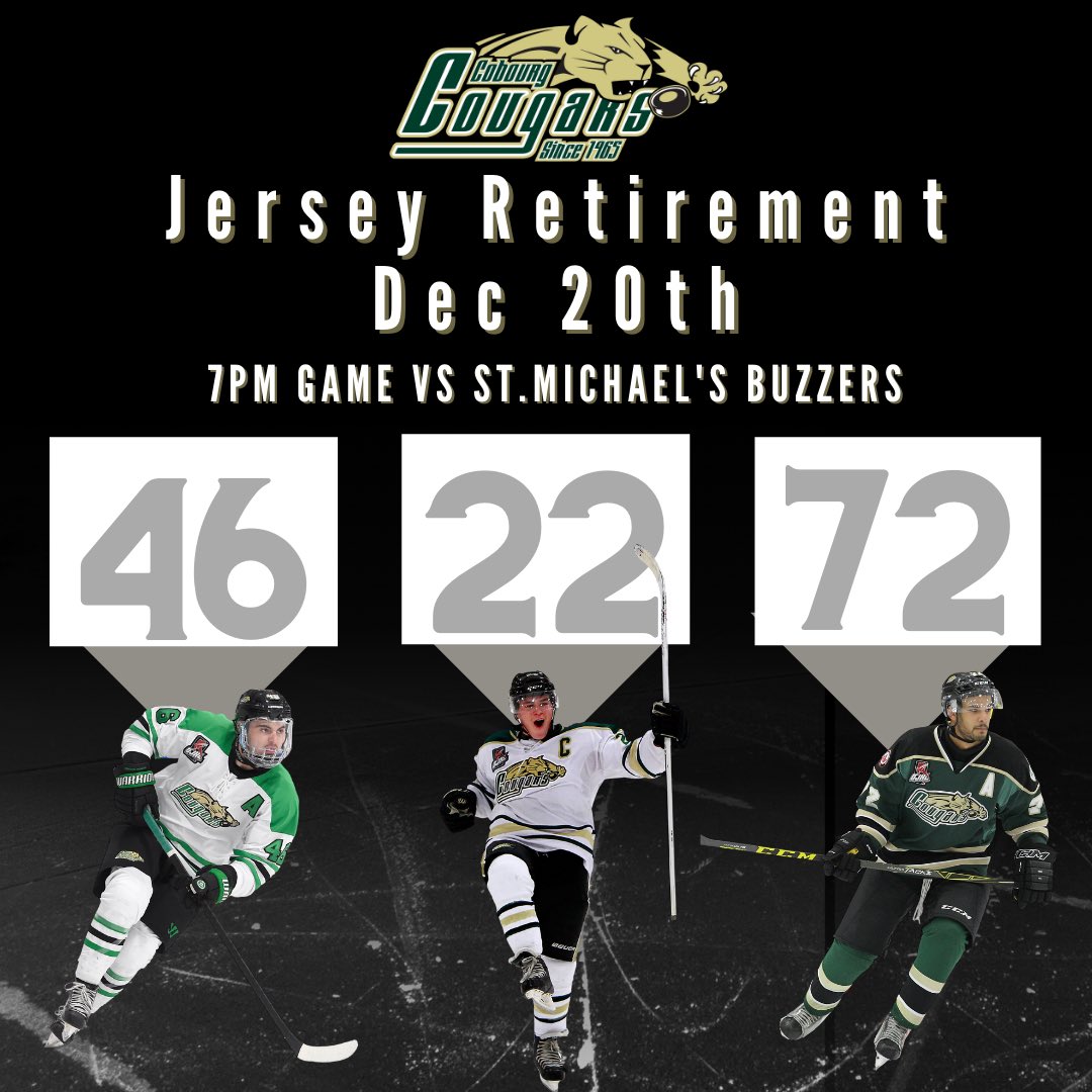 🚨Special Announcement 🚨

Hey Cougars fans, join us Monday, December 20th as we retire the jersey of 3 legendary Cougars:
 
#46 - Mac Lowry
#22 - Connor Armour 
#72 - Theo Lewis