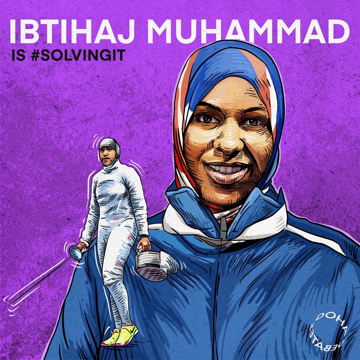 DohaDebates's tweet photo. Ibtihaj Muhammad is #SolvingIt!

@IbtihajMuhammad was the first Muslim American to wear hijab while competing for the US in the 2016 Olympics, where she won bronze in fencing. She is a sports equality advocate, author, entrepreneur and an ambassador with @SportsDiplomacy. https://t.co/evCCGUfzvR