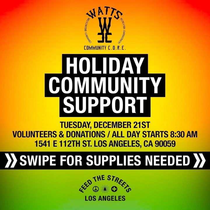 ETHPEECH's tweet photo. Let's join #FeedTheStreetsLA in helping #wattscommunitycore and their ham giveaway and toy drive December 21st! There's also going to be arts and crafts for kids! Please volunteer or donate supplies, and if you cannot make it please donate at: https://t.co/YCgH6ea9jO https://t.co/10kNEhaZN4
