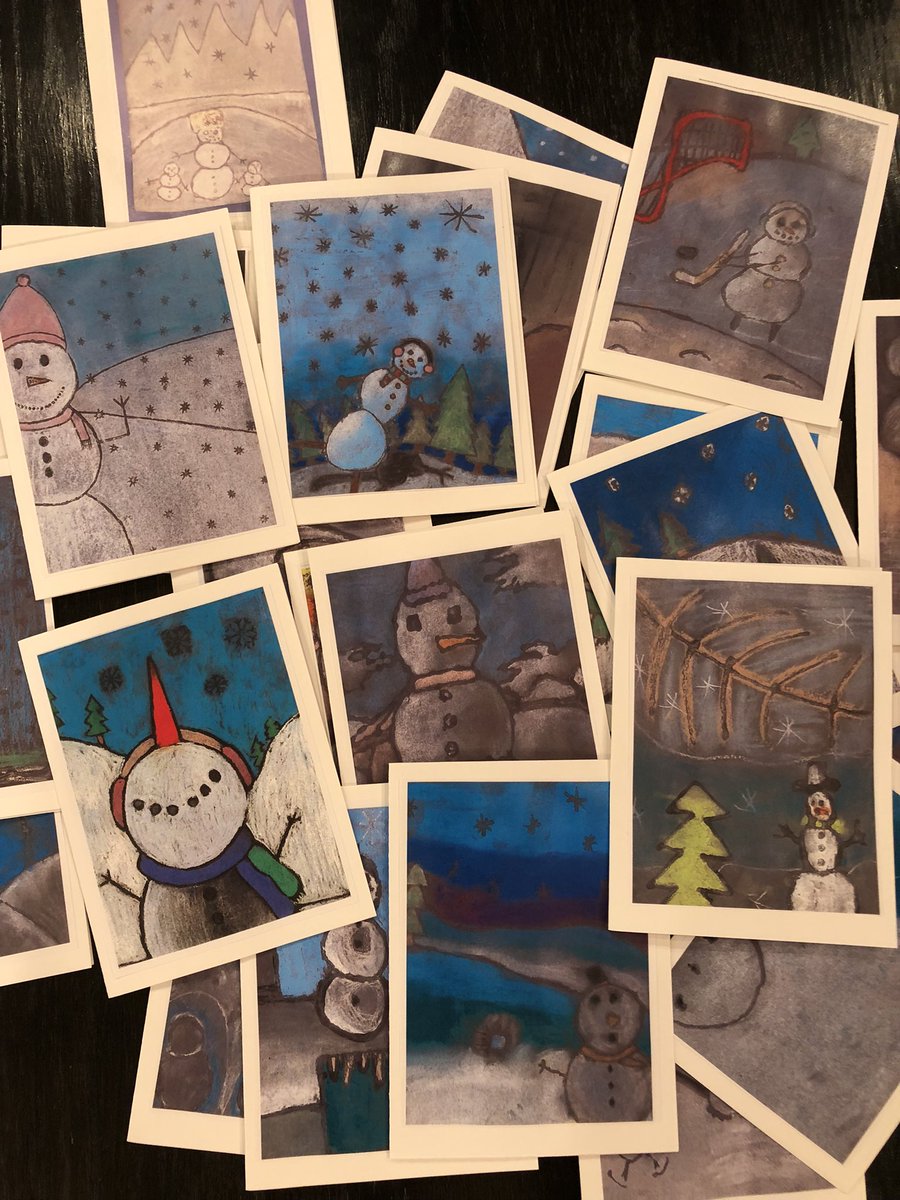 Ss @ParkviewPS_K @TVDSB will be surprised on Fri. to see that my hand made holiday cards this year celebrate their artistry. The colour copies of their original chalk art of snowpeople (exploring value & fore, middle, and backgrounds) are just adorable! #chalkart #holidaycards