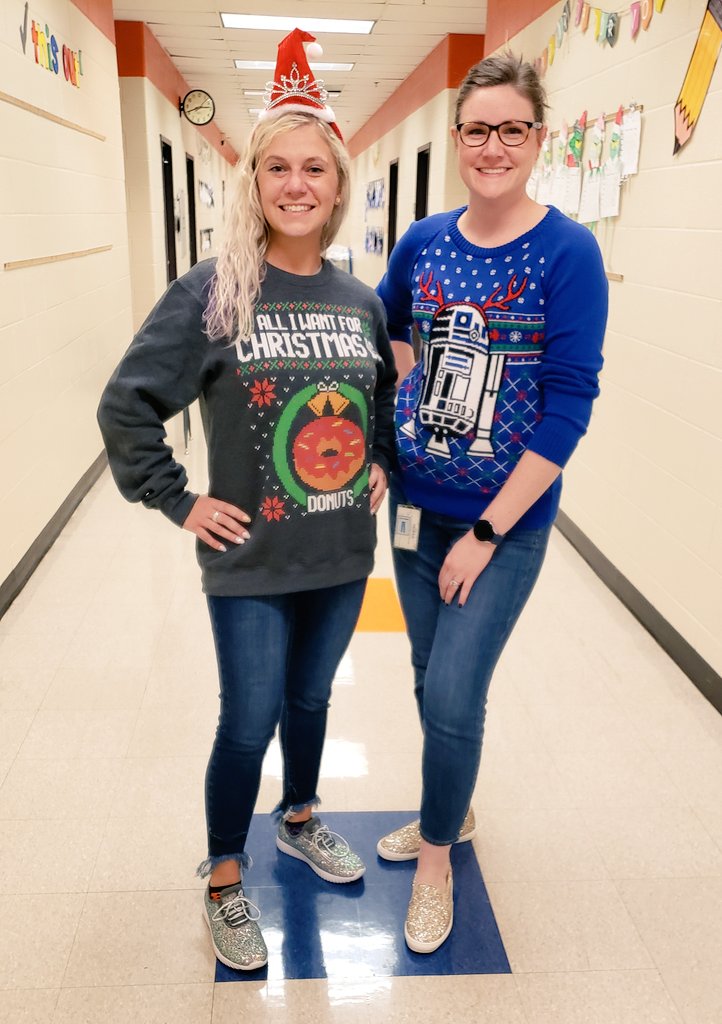 MrsBryan_CHES's tweet photo. 🎶On the 10th day of Christmas, we wore Christmas tops...🎶 And we brought back the sparkly shoes. And admin got slimed. #acworthspirit #teachers @Acworth_ES https://t.co/O0lymqo3oH