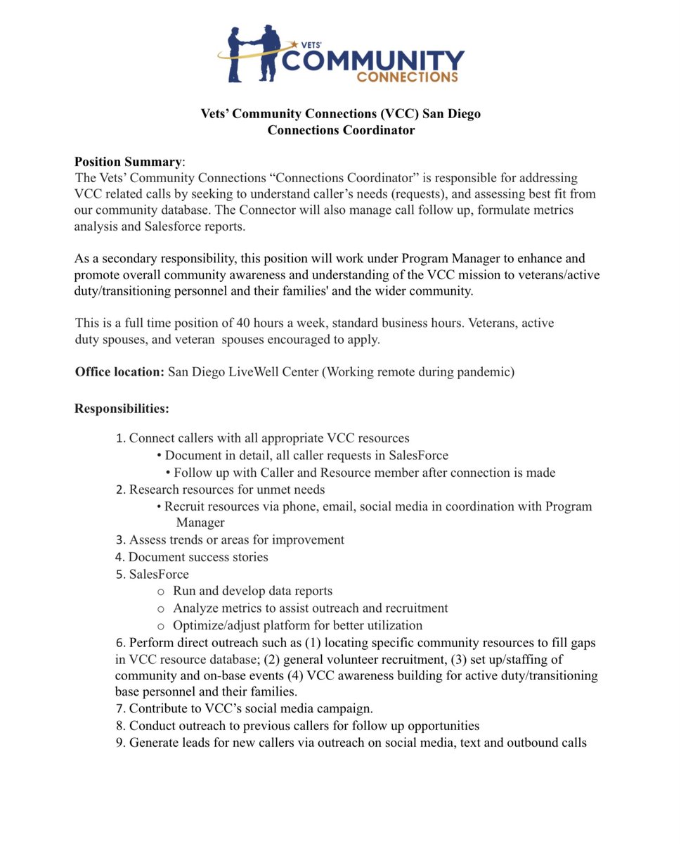 teamstepusa's tweet photo. There's a job opening at VCC for a Connections Coordinator position! The position will be vacant12/22, Check it out!
#joboppurtunity #jobopening #hiring #hiringnow #applytoday #jobresource #veteranresource #military #veteran #militarylife #militaryfamilies https://t.co/tL83CY1l2e