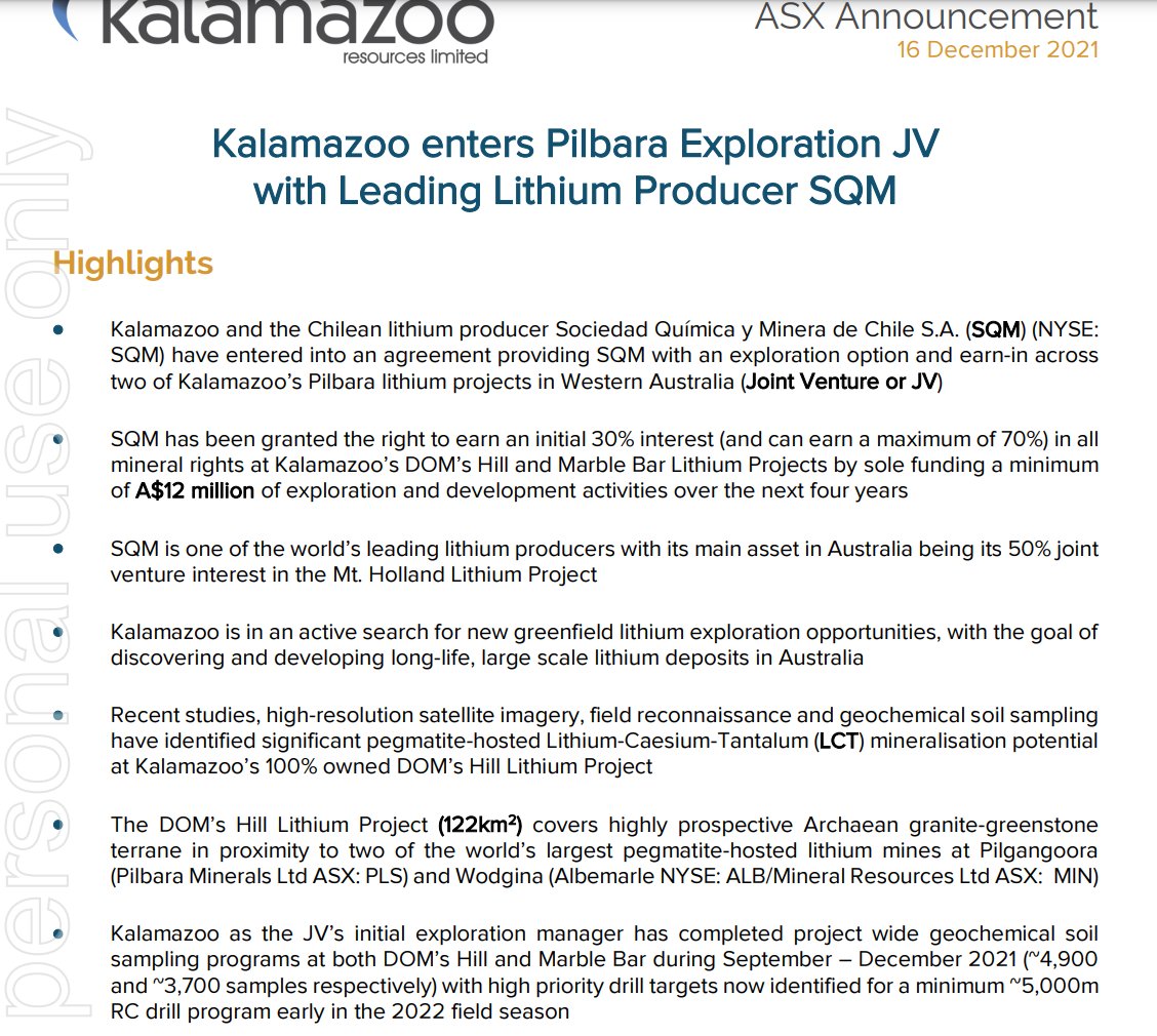 HC_Haplo's tweet image. Lithium exploration is entering a new level #searchforlithium

Kalamazoo enters Pilbara Exploration JV with SQM