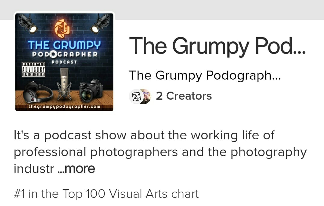 Well, well, well our <a href="/PodcastGrumpy/">The Grumpy Podographer Podcast</a> is rated #1 on <a href="/GoodpodsHQ/">Goodpods</a> !!! Next <a href="/spotifypodcasts/">Spotify Podcasts 🎙</a> <a href="/SpotifyUSA/">Spotify USA</a> 

#podcast #podcasters #photography #photographypodcast