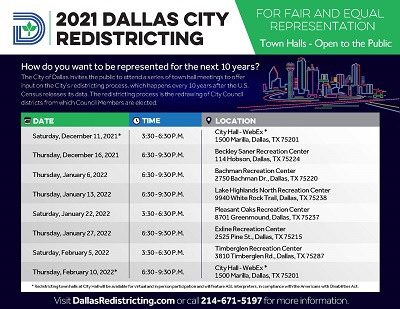 dallascitycode's tweet photo. How do you want to be represented for the next 10 years?  Join the City of Dallas in drawing a map for new Council districts.  Find out how by attending a redistricting commission meeting, by submitting your own map at https://t.co/fWBsdCaZlV, or by calling 214.671.5197 https://t.co/HBNgDt4Vml