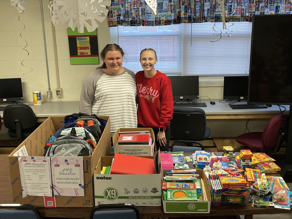 EducationLwc's tweet photo. Our hearts are full! A huge THANK YOU to all who donated to families we know that lost everything in Friday night’s storms. Look at the outpouring of love in  TWO days and the smiles on these wonderful education majors’ faces! Thank you Cecily &amp; Shelby for your leadership! https://t.co/xErFhNLqMm