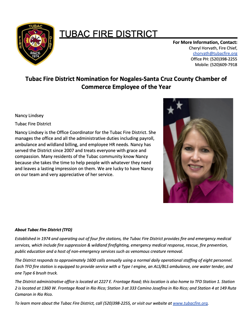 TubacFire's tweet image. Tubac Fire District Nomination for Nogales-Santa Cruz County Chamber of Commerce Employee of the Year - Nancy Lindsey, Tubac Fire District

#TubacFire #EmployeeOfTheYear #Congratulations