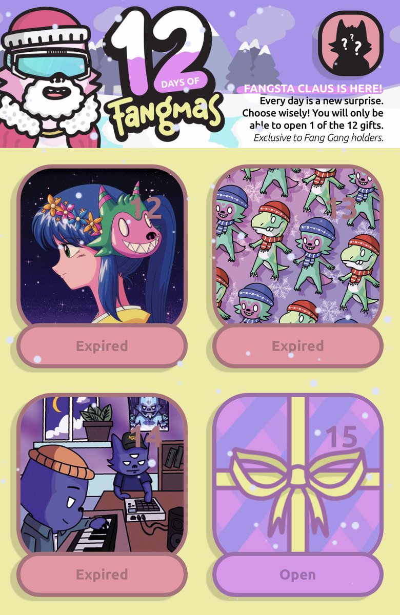 FangGangNFT's tweet photo. Time is running out to claim todays gift if you wish to do so! 🎁💜

https://t.co/rxgidVvJ61

Did you pick up any clues from Discord to help your decision? Or are you waiting for another day to claim 👀

Revealing Day 4 in just over an hour!

#HearUsHoHoHowl #Fangmas https://t.co/rBVtC3Xcoi