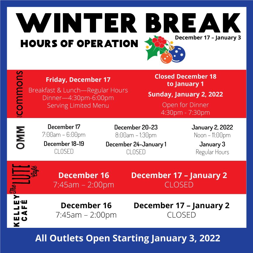 pludining's tweet image. Hey Lutes!

We’re so close to the end, you’re doing a great job!

Kelley Café and Lute Café close at 2pm Thursday. 

The Commons will close at 6pm Friday. 
OMM will close at 6pm as well. 

If you’re on campus next week, OMM will be open 8am-1:30pm. 

Happy Holidays to you!