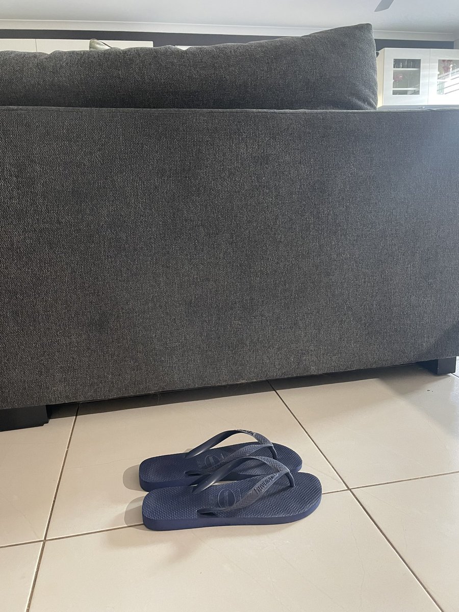PerthBreakfast's tweet photo. My husband always says I “leave shit everywhere” - yet he thinks if he puts his thongs neatly together ANYWHERE … it’s not the same - so long as they’re neat. Jog on mate. #poorAndy https://t.co/dUR43rAHXB