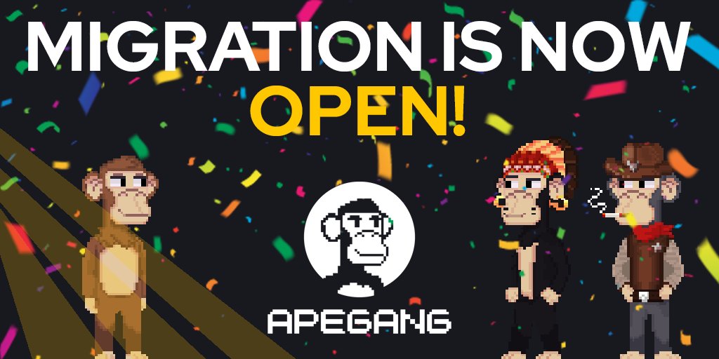 ApeGangNFT's tweet photo. ❗️MIGRATION IS LIVE❗️

Ape Gang has officially begun migration to a new smart contract! This is a huge milestone for our project and we cannot wait for you all to earn $GANG yield on your apes! Visit our discord for a full announcement and guide how to migrate.

#NFT #APEGANG https://t.co/7ZLWy2b3ll