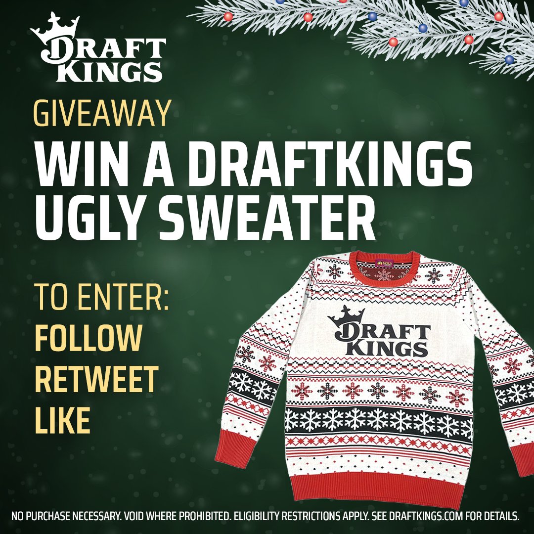 DraftKings Sportsbook (@dksportsbook) on Twitter photo 🚨GIVEAWAY TIME 🚨
We're giving away TEN DraftKings ugly sweaters. To enter, simply:
1. Follow <a href="/DKSportsbook/">DraftKings Sportsbook</a>.
2. Retweet this post.
3. Like this post.
Terms & conditions apply (Ends 12/17): bit.ly/3s9RAL6 🚨GIVEAWAY TIME 🚨
We're giving away TEN DraftKings ugly sweaters. To enter, simply:
1. Follow <a href="/DKSportsbook/">DraftKings Sportsbook</a>.
2. Retweet this post.
3. Like this post.
Terms & conditions apply (Ends 12/17): bit.ly/3s9RAL6