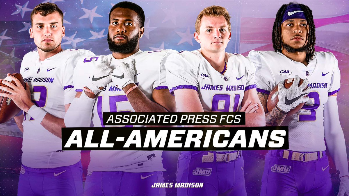 JMUFootball's tweet image. JMU placed 4️⃣ standouts on the @AP FCS All-America Team.

🏈 Ethan Ratke (1st team)
🏈 Bryce Carter (2nd team)
🏈 Cole Johnson (3rd team)
🏈 Greg Ross (3rd team)

📰 bit.ly/3EZ8BLC

#GoDukes