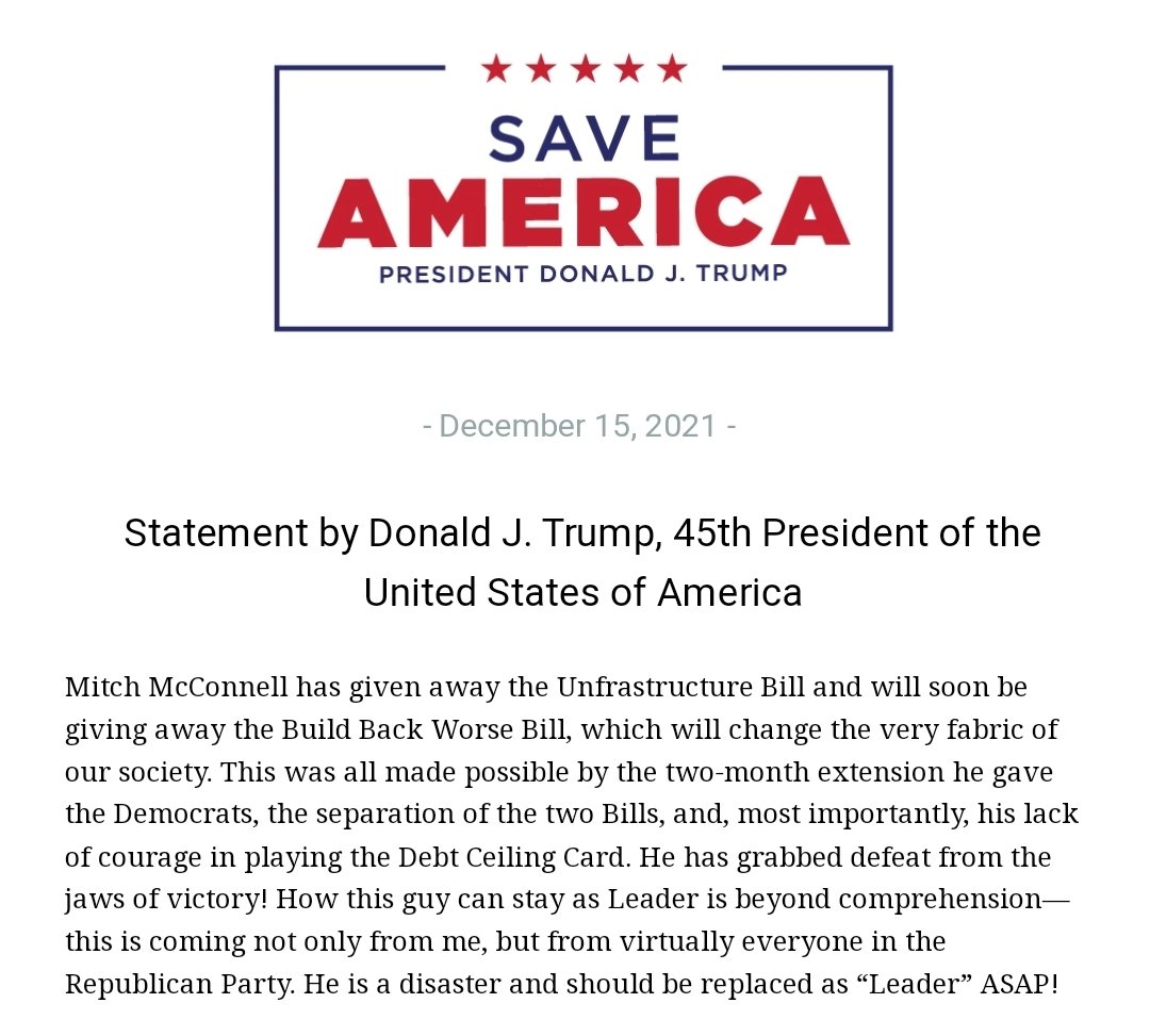 realLizUSA's tweet photo. NEW!

President Donald J. Trump:

“Mitch McConnell has given away the Unfrastructure Bill and will soon be giving away the Build Back Worse Bill, which will change the very fabric of our society. This was all made possible by the two-month extension he gave the Democrats, the... https://t.co/GvpXgYI9Nu