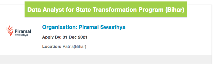 NGOBOX's tweet image. #JobOpening Piramal Swasthya is hiring for the role of - Data Analyst for State Transformation Program (Bihar) -
Applicants must have a Degree in Public Health/ Health Administration/Statistics/Bio-Statistics

Apply: bit.ly/3m8NoaW
#StateTransformation #PublicHealth