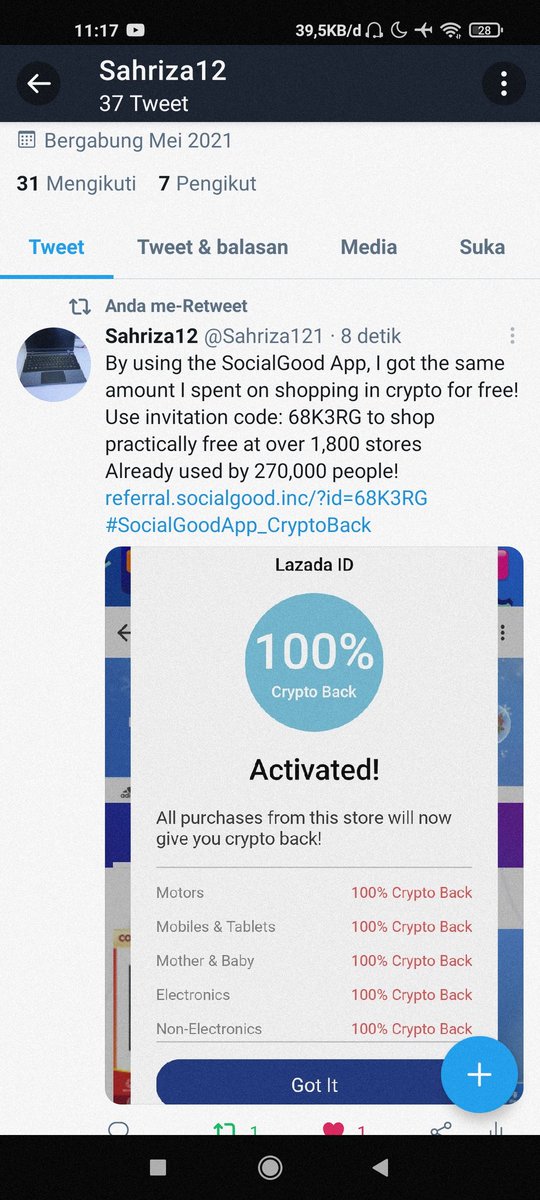 Sahriza121's tweet photo. By using the SocialGood App, I got the same amount I spent on shopping in crypto for free!
Use invitation code: 68K3RG to shop practically free at over 1,800 stores
Already used by 270,000 people!
https://t.co/RnQGQoWhQC 
#SocialGoodApp_CryptoBack https://t.co/JVaznkJtOi