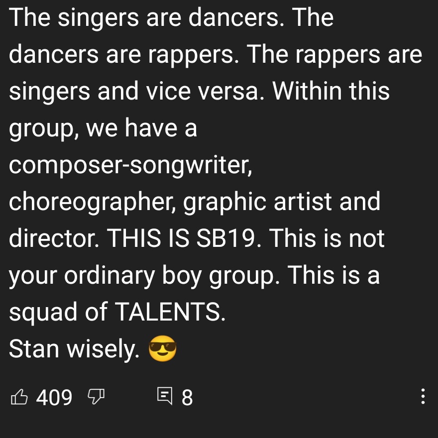 The reason why I stan them 😏.
Also their Humility and Kindness. SB19 is a package and worth to stan.

Stream Bazinga MV
<a href="/SB19Official/">SB19 Official</a>
#Bazinga_SB19 is my hype song!