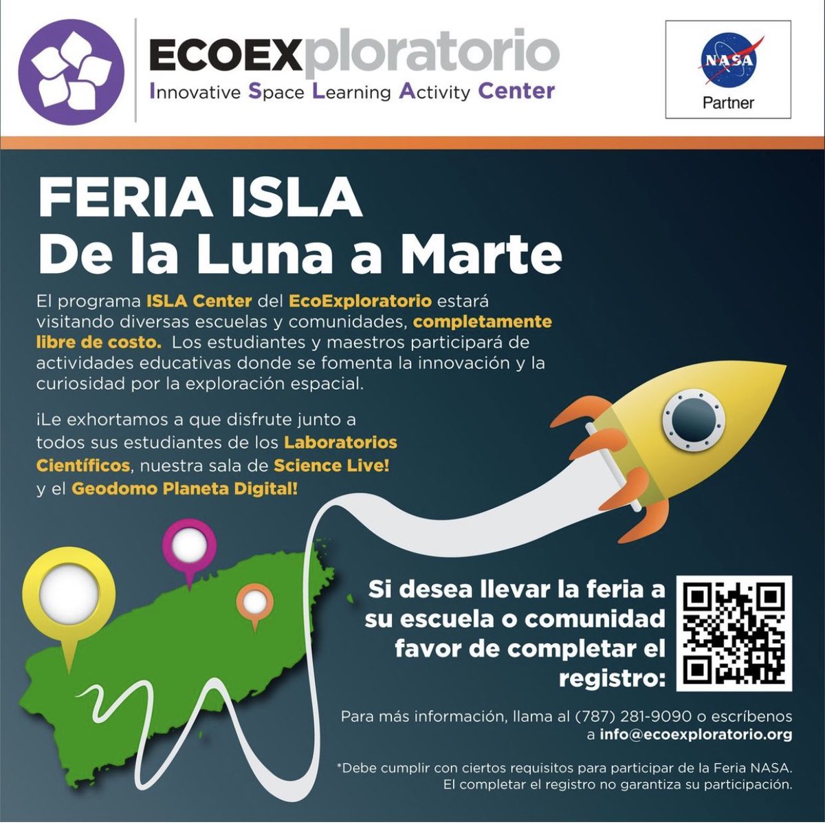 adamonzon's tweet photo. OJO: El programa #ISLACenter estará visitando escuelas y comunidades libre de costo. Se invita a #maestros a solicitar para llevarles actividades donde se fomenta la innovación y curiosidad por la exploración aeroespacial. 🚀 #STEM 
📲787-281-9090/9091
💻info@ecoexploratorio.org https://t.co/pSuqcX9T7y