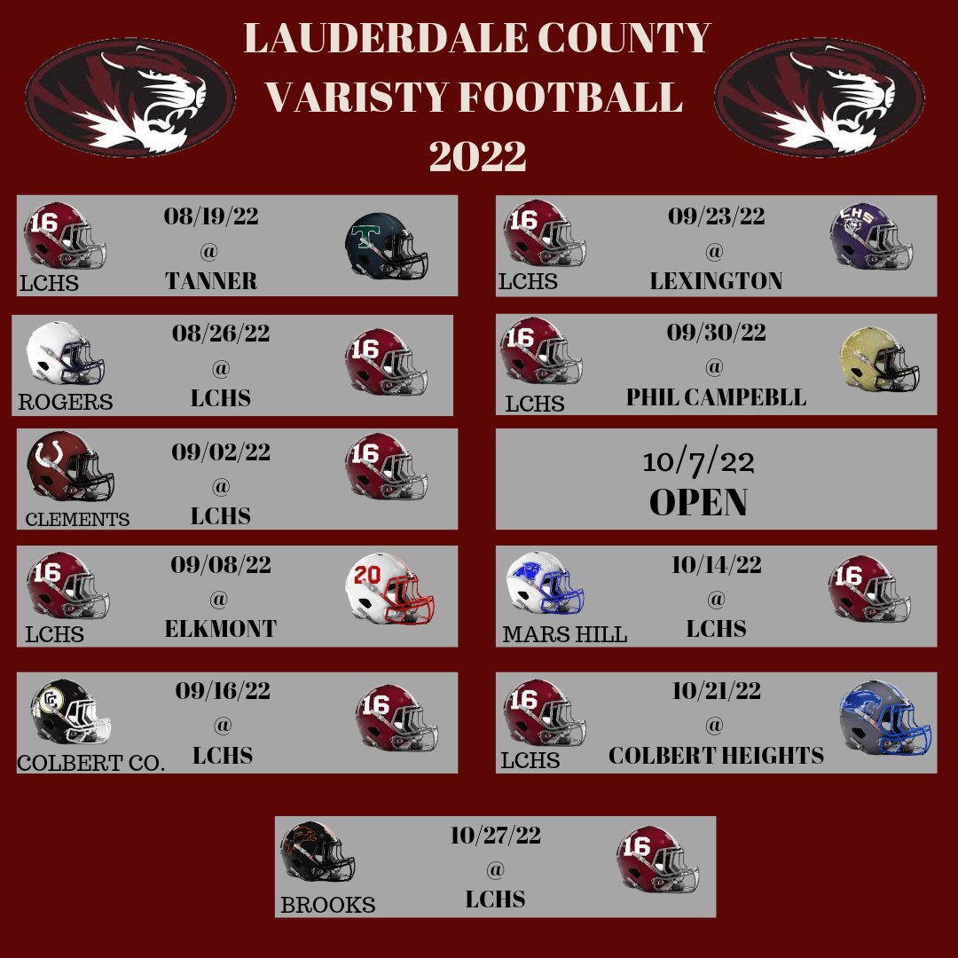 lc_therealtiger's tweet photo. We have your 2022 Lauderdale County High School Football Schedule. 
* make note that Elkmont and Brooks games are on a Thursday. All others are on Friday. Kickoff 7pm for all games. 
#therealLC 
#lctigers https://t.co/Gh3fPpXkUH