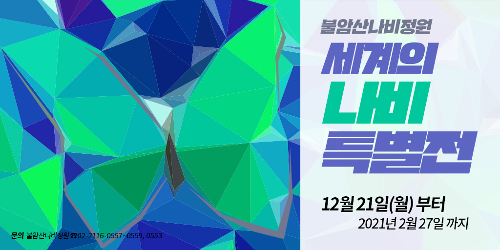 노원구 불암산 힐링타운, 나비정원으로 모여든 「세계의 나비 특별전」

더 많은 이야기가 궁금해? bit.ly/3oVayTI

✅ 전시기간 및 장소
12. 21.(월)~22. 2. 27.(일), 불암산나비정원 1층 로비 전시

✅ 운영안내
- 운영시간 : 오전 10시부터 오후 5시까지, 매주 화~일
- 관람료 : 무료