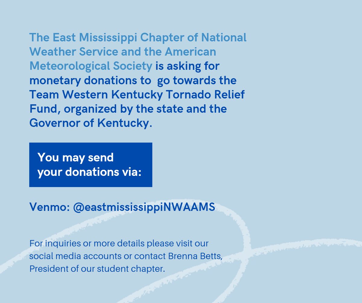 Our chapter is collecting donations to help those in Kentucky impacted by the severe weather events on December 11th. 100% of donations will go towards the Team Western Kentucky Tornado Relief Fund. For questions please DM our account or contact our President, <a href="/brennabettswx/">Brenna Betts</a>.