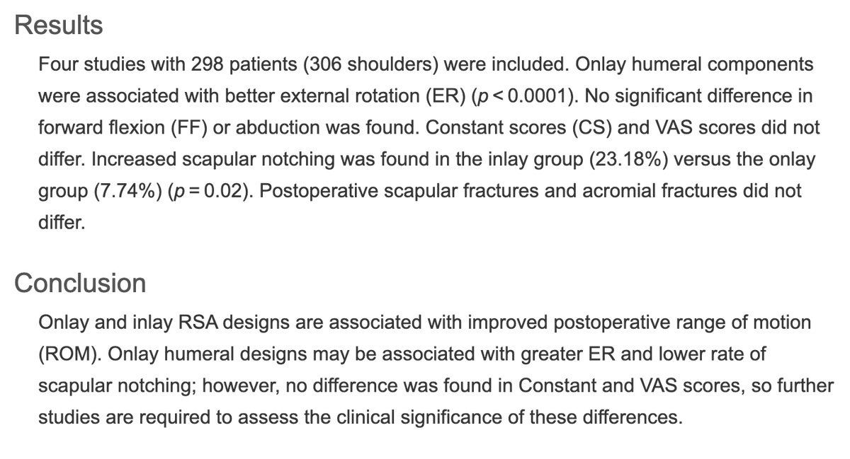 DrBryanSaltzman's tweet photo. Great to see our #MetaAnalysis on #Humeral #Components in #Reverse #ShoulderArthroplasty published in @ShoulderElbowJ, which found that #onlay designs may be associated with greater external rotation and lower rate of scapular notching, but no difference in PROs 

@OrthoCarolina https://t.co/nxKtpe5bfI