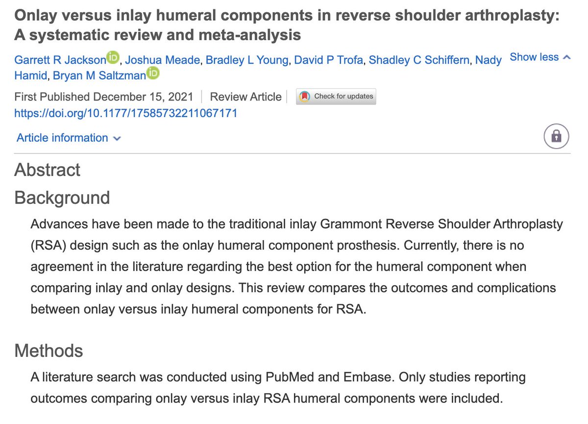 DrBryanSaltzman's tweet photo. Great to see our #MetaAnalysis on #Humeral #Components in #Reverse #ShoulderArthroplasty published in @ShoulderElbowJ, which found that #onlay designs may be associated with greater external rotation and lower rate of scapular notching, but no difference in PROs 

@OrthoCarolina https://t.co/nxKtpe5bfI