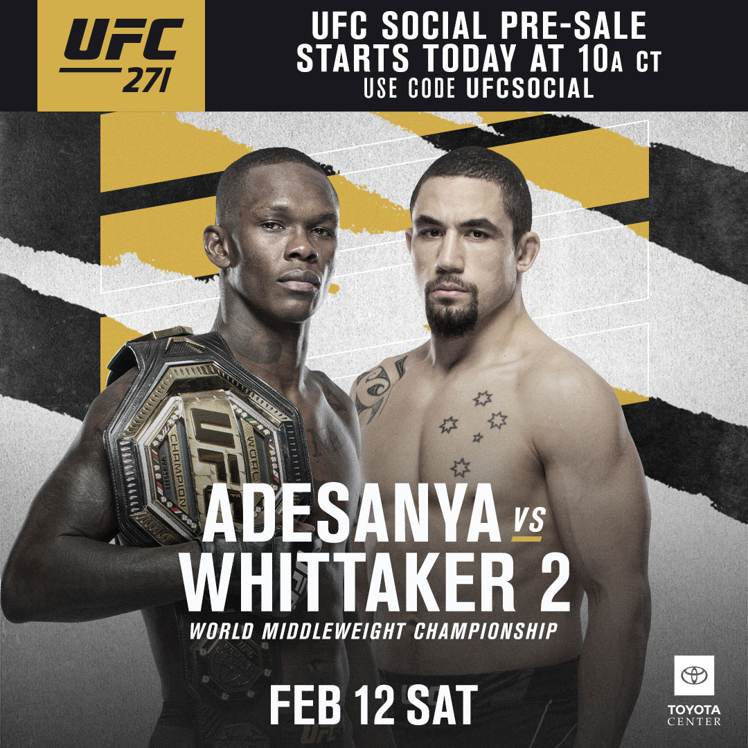 ufc's tweet photo. The rematch we've been patiently waiting for 👀 

🎟 #UFC271 Social Pre-Sale happening now!

[ Code '𝗨𝗙𝗖𝗦𝗢𝗖𝗜𝗔𝗟' | https://t.co/DHAfQhk6IB | @ToyotaCenter ] https://t.co/PP9JdRdN0T