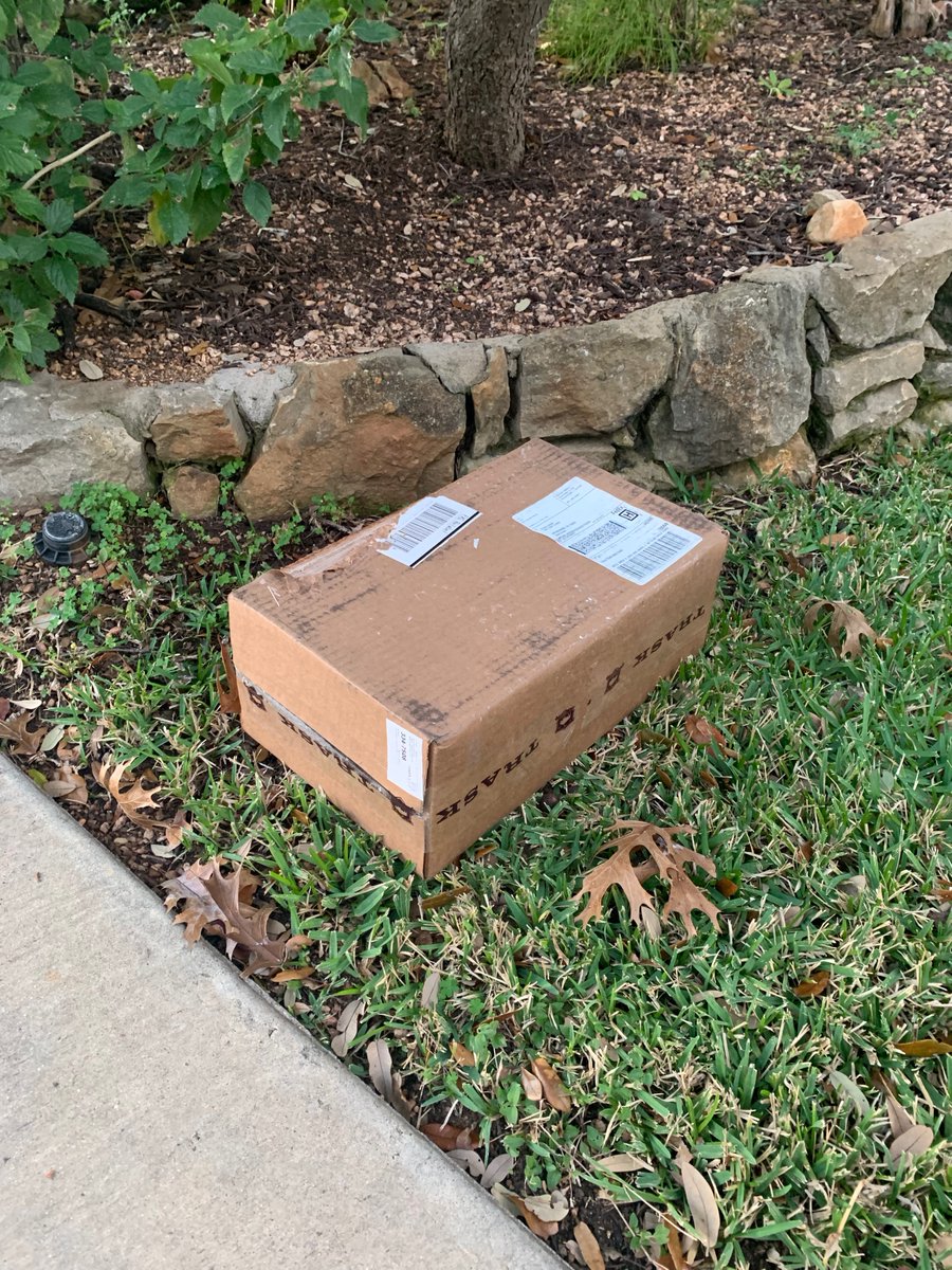 slesem's tweet photo. FedEx could not even walk down to the porch, but note that the sprinkler head location is such that the package   got watered last night, thanks a lot!  And this is not what I am complaining about, it is another package fail by fedex! @fedex @FedExHelp https://t.co/tonLgFysWr