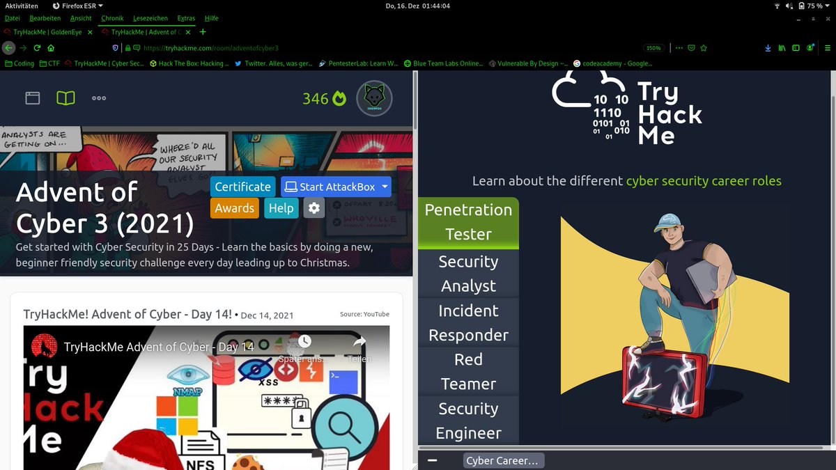 Sn0wF0x1337's tweet image. Well, I just tried to keep up with latest #tryhackme #AoC2021 Tasks and they tell me I should Become penetration Tester, 
seems legit :)
#tryhackme #hacker #hacking #infosec #pentest #penetrationtester #redteam