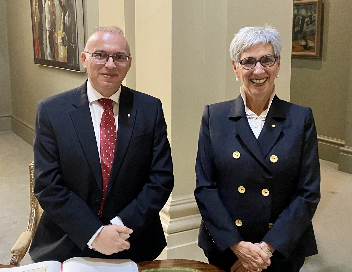 VicGovernor's tweet photo. Welcoming HE Mr Mario Farrugia Borg on his first official visit to Government House as High Commissioner of the Republic of Malta to Australia. An opportunity to discuss the strong ties between Malta and Victoria, and Melbourne’s large and vibrant Maltese community. @dfat https://t.co/6ORlm5UpwP